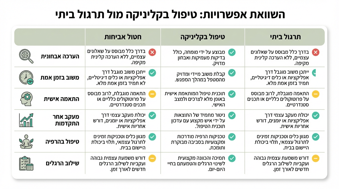 השוואה בין טיפול בקליניקה לתרגול עצמאי