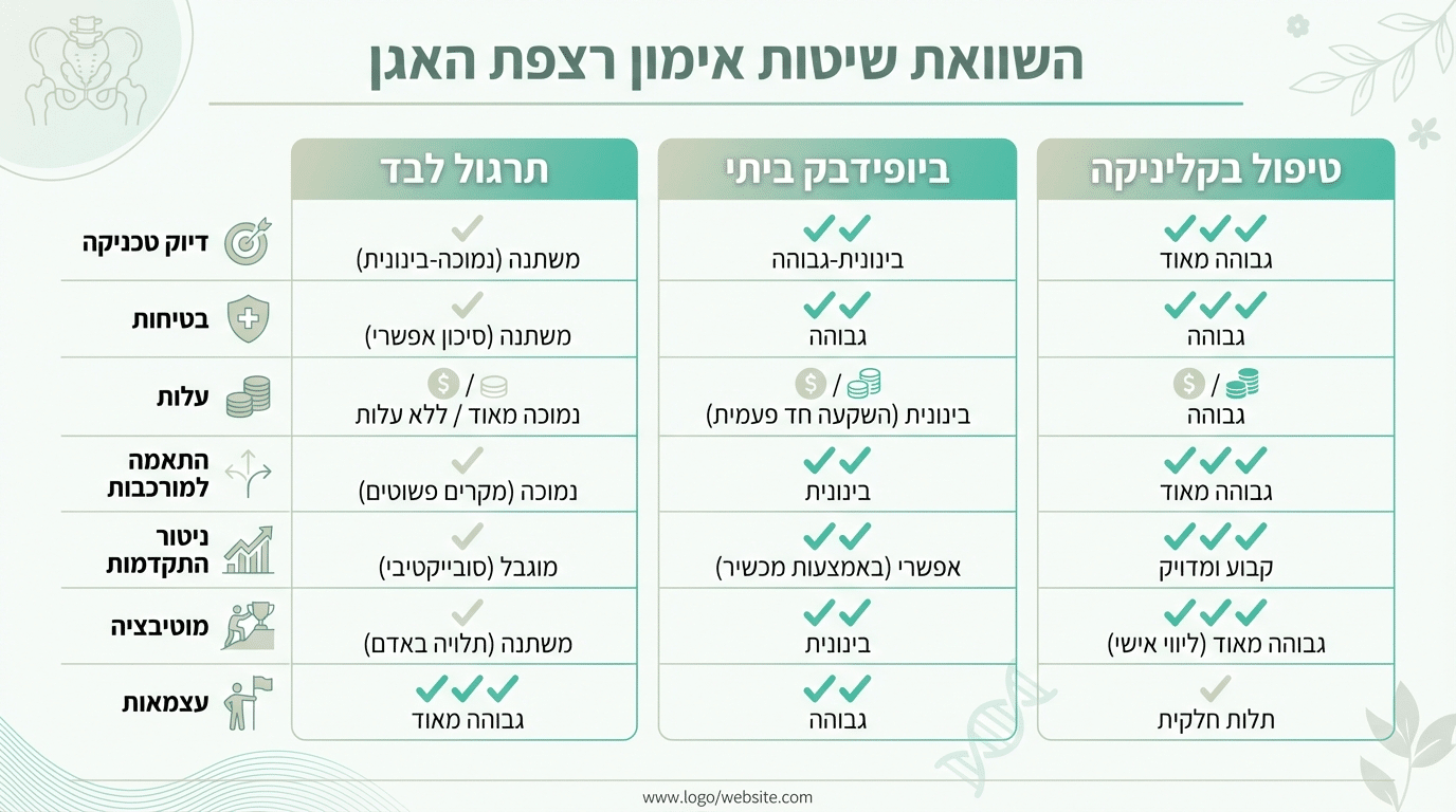טבלת השוואה בין שיטות תרגול רצפת אגן - ביופידבק, תרגול עצמאי וטיפול בקליניקה