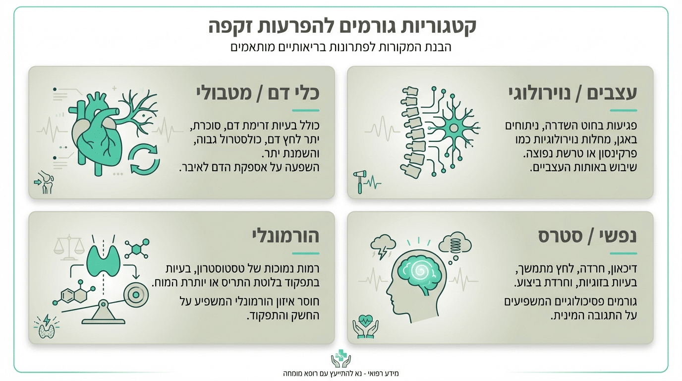 תרשים הממחיש את ארבע הקטגוריות העיקריות הגורמות לבעיות זיקפה בגברים