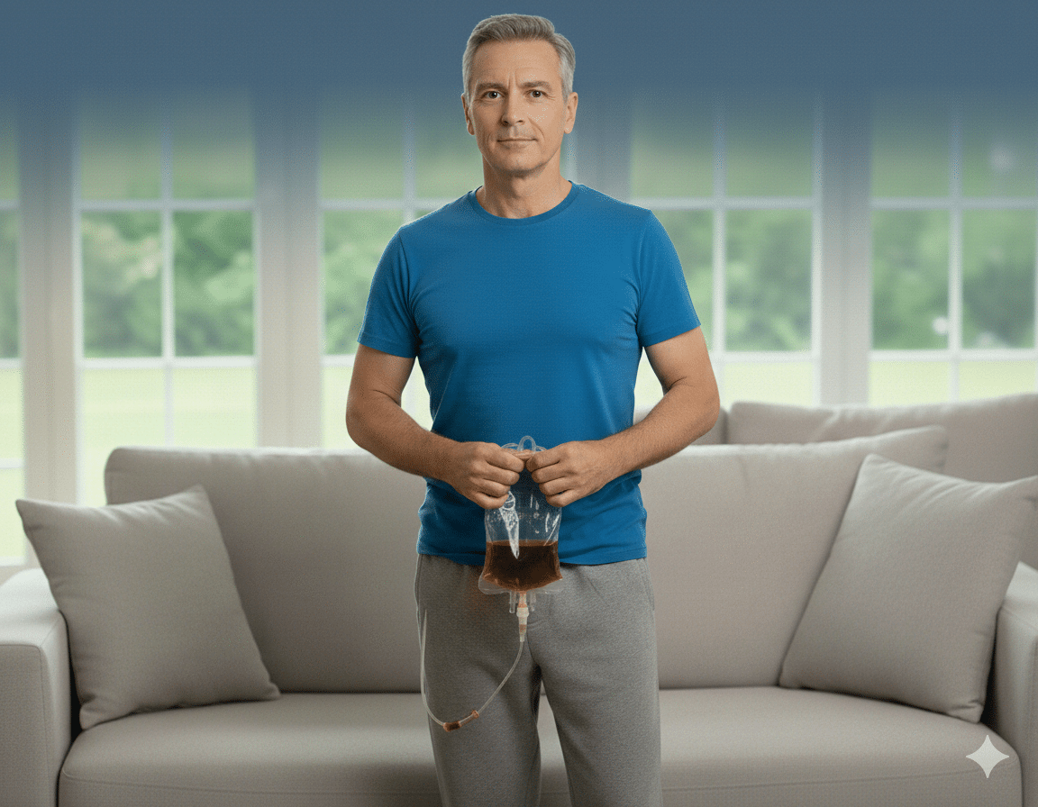 בר בגיל 60 עומד בסלון ביתי מואר. הוא לבוש בבגדי פנאי נוחים. בידו האחת הוא מחזיק בעדינות שקית לאיסוף שתן הממוקמת מתחת לקו המותניים שלו, מחוברת לצינורית דקה המוסתרת בחלקה תחת בגדיו. הגבר נראה רגוע ובמצב של תנועה קלה בחדר. הרקע כולל חלון גדול עם צמחייה ירוקה מבחוץ, מה שמשדר אווירה אופטימית של החלמה ביתית.