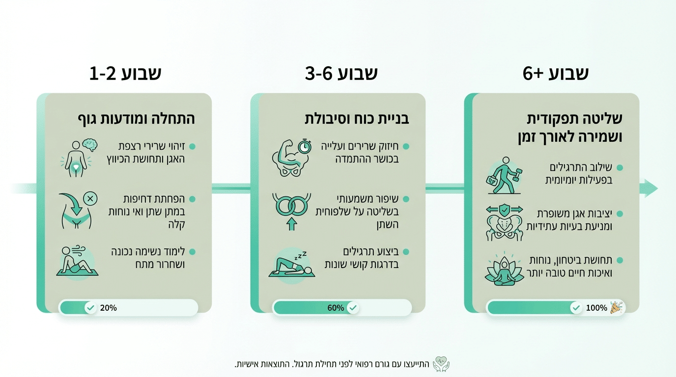 ציר זמן להתקדמות בתרגילי רצפת אגן - שבועות לשיפור