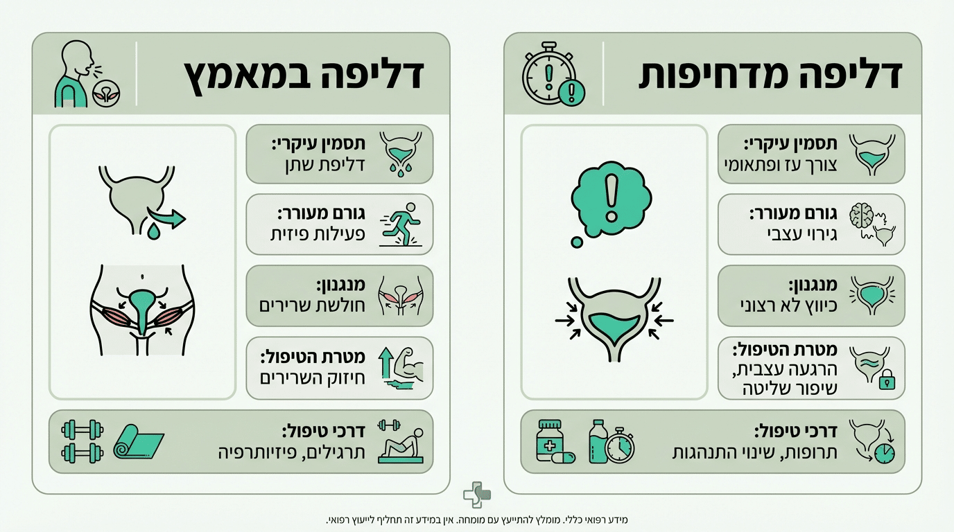 ההבדל בין דליפת שתן במאמץ לדליפה מדחיפות - אינפוגרפיקה מקצועית