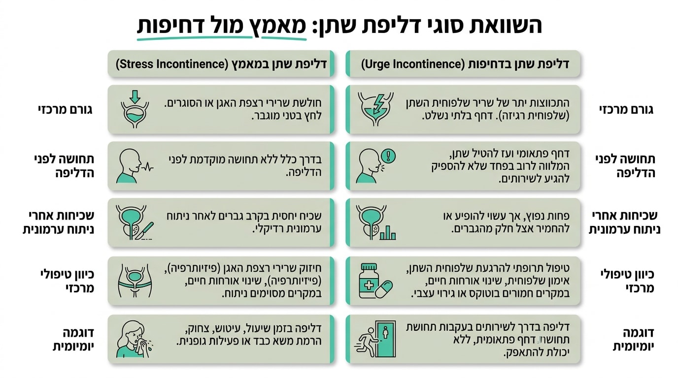 ההבדל בין בריחת שתן במאמץ לבריחת שתן בדחיפות - מדריך להבנת סוגי הדליפות