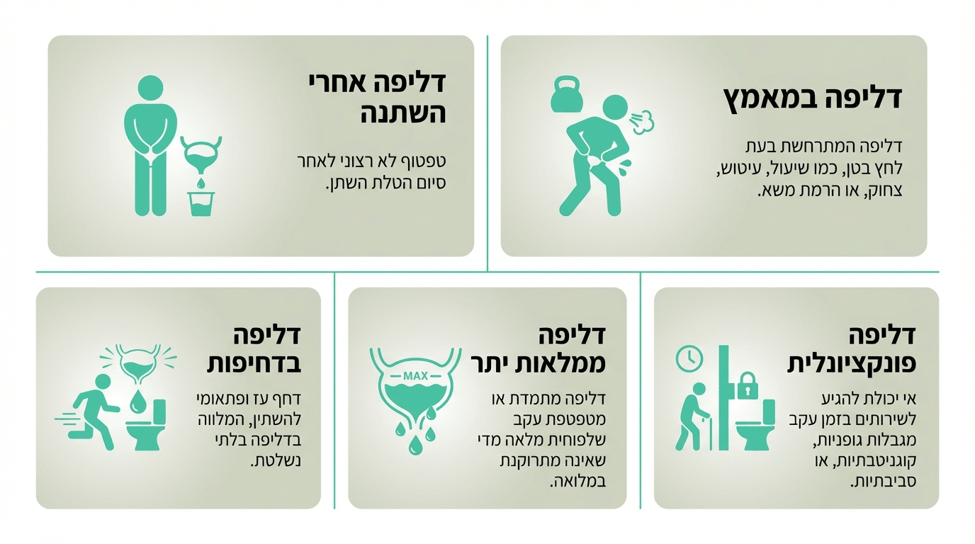 טבלת השוואה מקיפה של סוגי דליפת שתן אצל גברים - סימנים וטיפולים