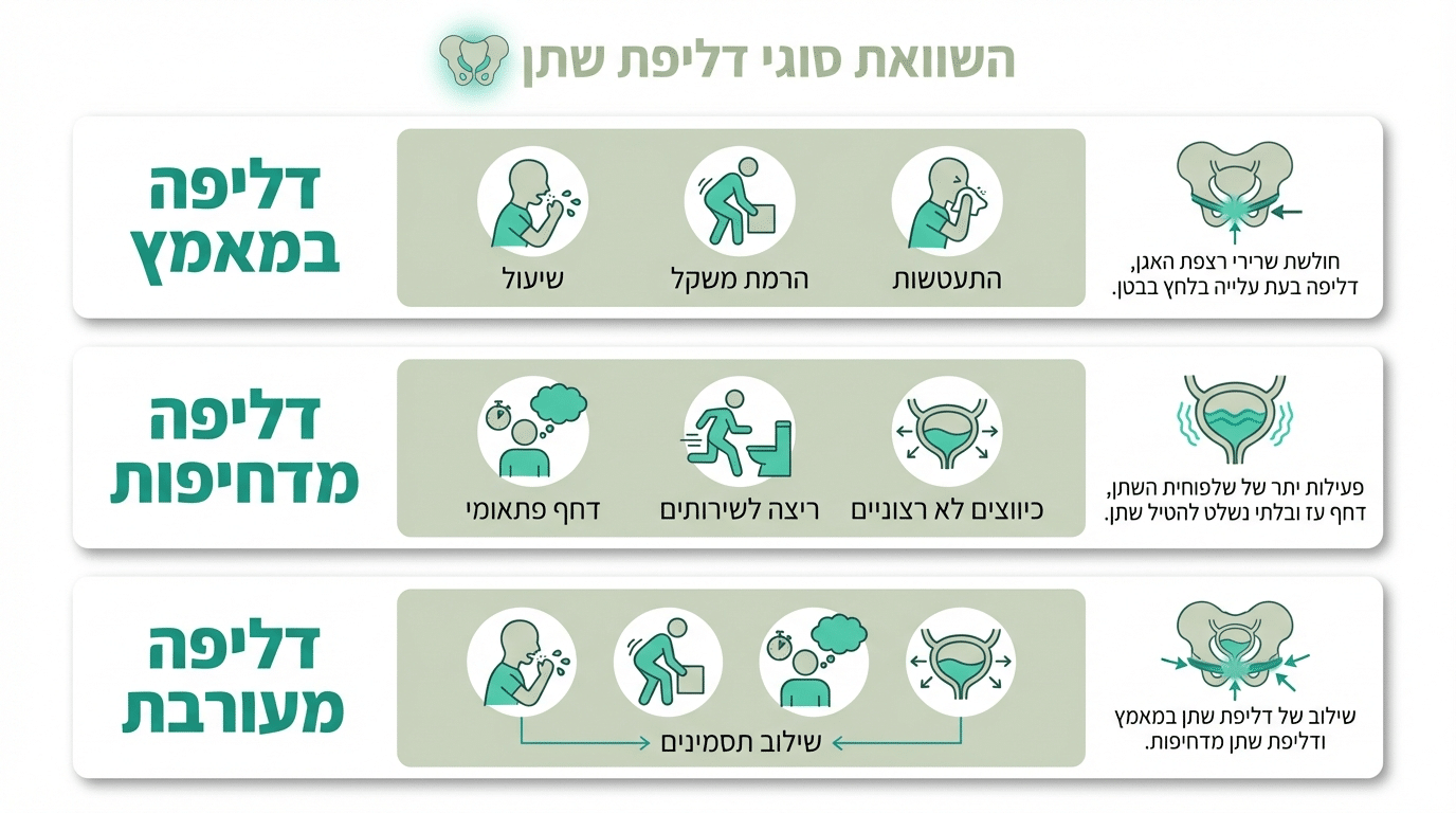 סוגי בריחת שתן ותרגילים מתאימים לכל סוג - טבלת השוואה