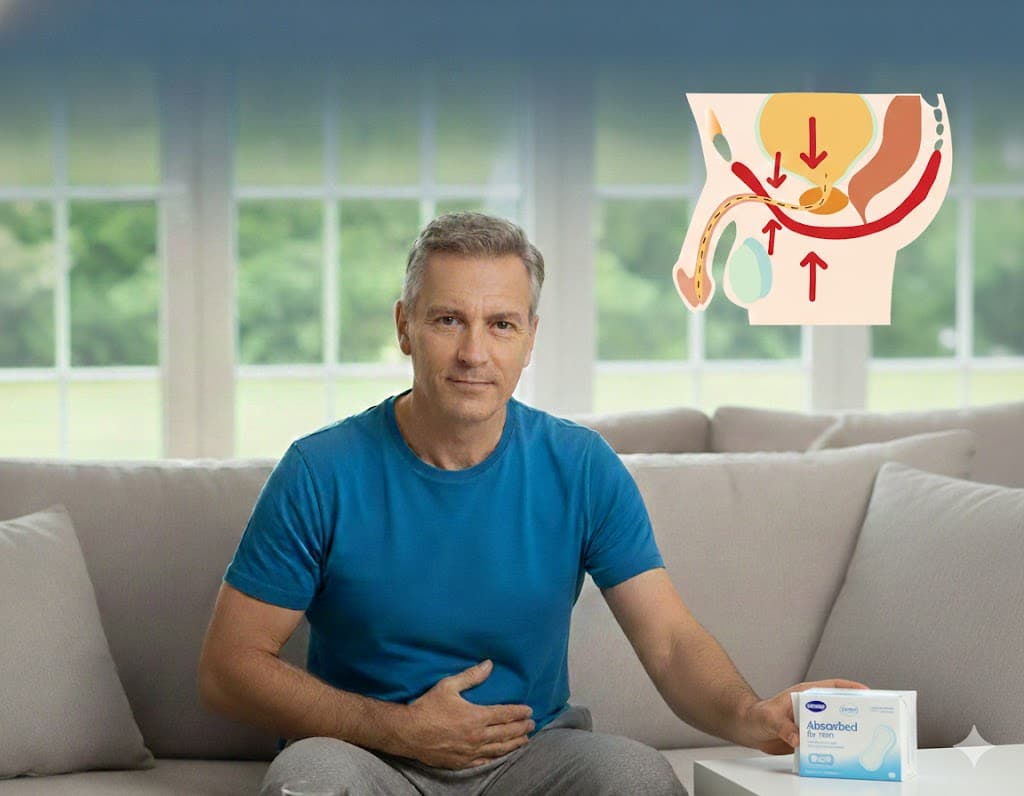 גבר בגיל 60 יושב על ספה בביתו, לבוש בחולצת טריקו כחולה ומכנסי טרנינג אפורים. ידו מונחת על בטנו, והשנייה מושטת אל עבר אריזת פדים סופגים לגברים המונחת על שולחן קפה לפניו. לצידה, כוס מים פשוטה ושני ספרים. בפינה הימנית העליונה של התמונה, משולב איור אנטומי צבעוני של מערכת השתן הגברית עם דגש על הערמונית. הרקע מטושטש ומראה חלון גדול המשקיף לנוף ירוק, המעניק אווירה רגועה וביתית.